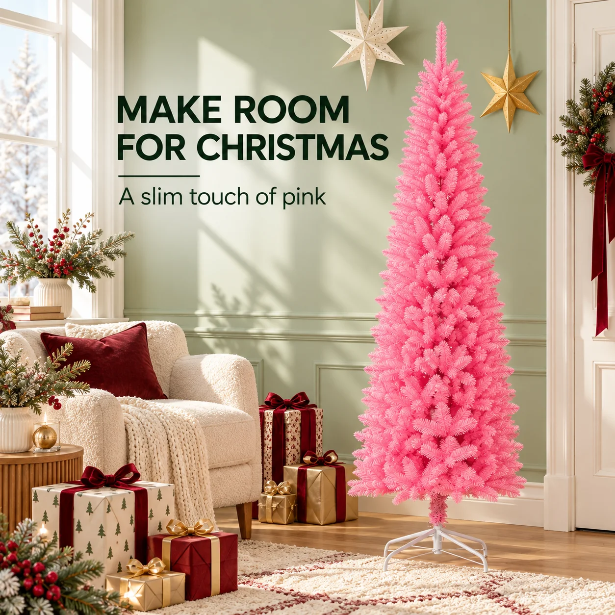 Pink Slim Artificial Christmas Tree 120 150 180 210cm Unlit Pencil Tree with White Stand for Home Office Shop Holiday Decoration