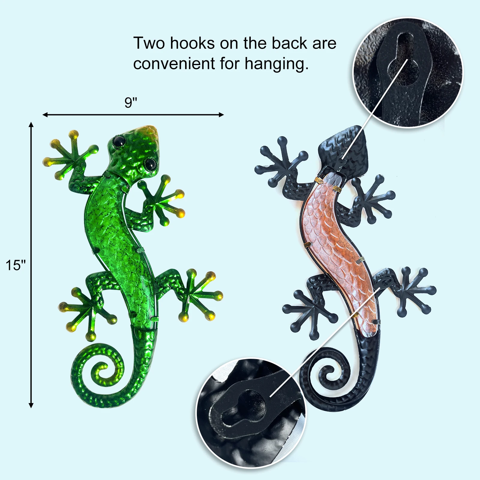 Metal Gecko Wall Art- 15 Inch Lizard Outdoor Decor Hanging Glass Sculpture, 2 Pack Gecko Wall Art Decorations for Garden Fence