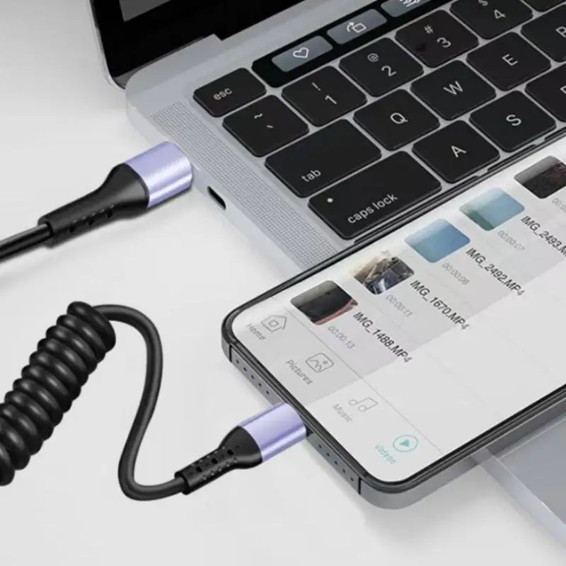 90° Elbow Type C To Type C Cable With Spring Rope For Phone Car Spring Cable Short Fast Charging USB C Cable