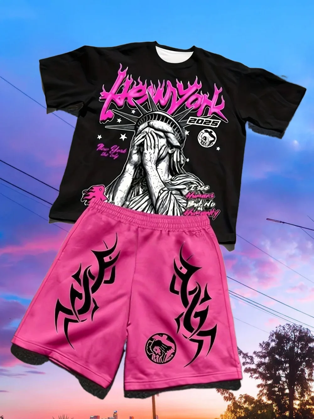 

25/26 Hot Selling New Men's Statue of Liberty Printed Round Neck Breathable T-shirt and Shorts Outdoor Comfortable Two-piece Set
