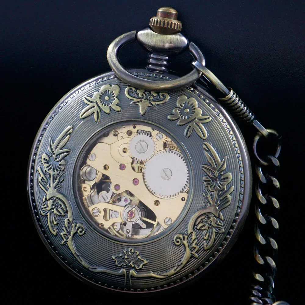 Steampunk Vintage Luxury Bronze Mechanical Pocket Watch Men Roman Numerals Display Vintage Thick Chain Pendant Timepiece