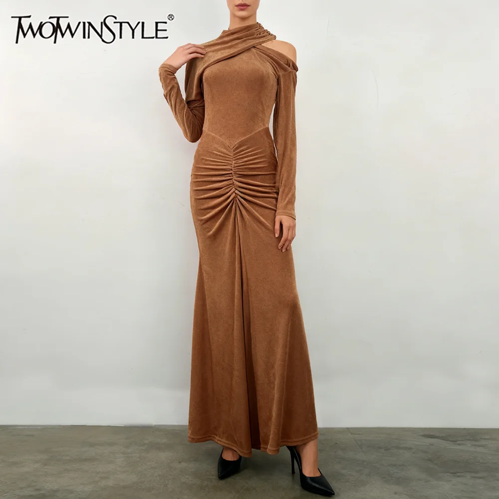 

TWOTWINSTYLE Slimming Spliced Folds Vintage Dresses for Women Diagonal Collar Long Sleeves Tunic Velvet Dress Female Autumn New