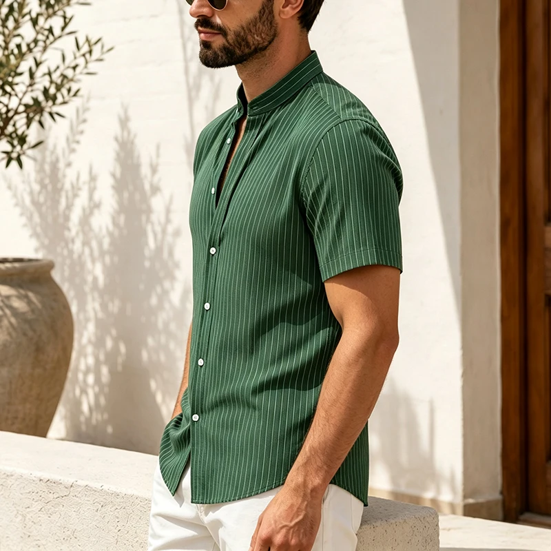 Men Woven Striped Linen Short Sleeve Shirt Relaxed Fit Mandarin Collar Lightweight Summer Casual Shirts for Vacation Beach Wear