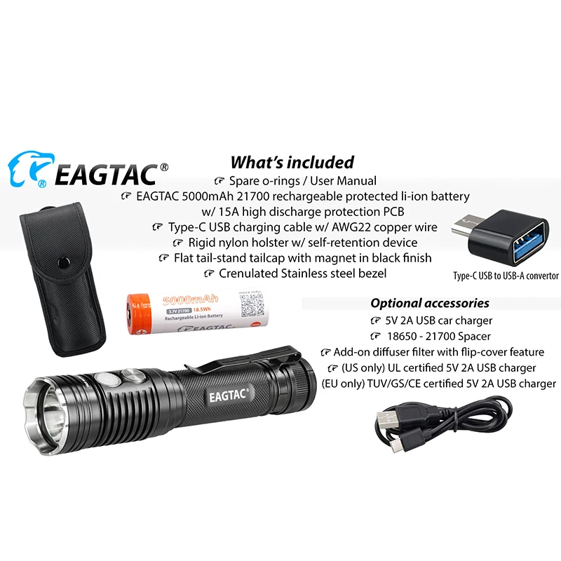 EAGTAC TX3V MKII USB Rechargeable LED Flashlight SST70 3650 Lumen 21700 Include Power Bank Tactical Torch Police Self Defense