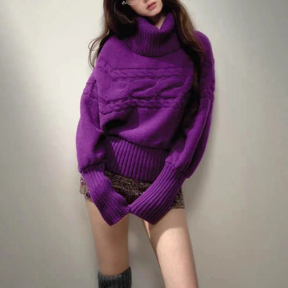 

Women Knitting Sweater 2025 New Retro Cashmere Sweater Wisteria Purple Turtleneck Lazy Loose Elegant Women's Knitted Top