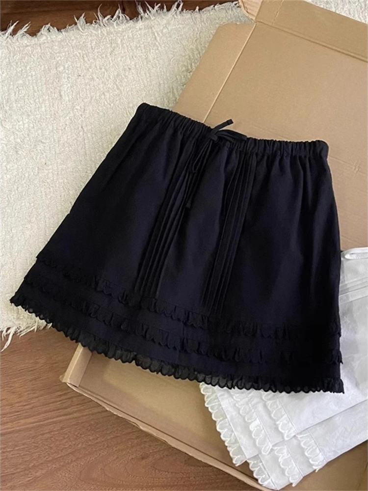 

Sweetened Age-Defng Bla A-Line Skirt with Wood ain Pleated High Waist Commuter Korean Sle Stand Fit or...