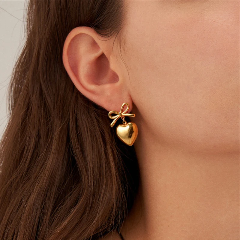 Trendy Stainless Steel PVD Coated Bowknot Drop Earrings Cute Heart Pendant Women Jewelry Elegant Party Earrings