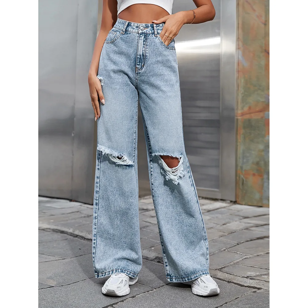 

Korean Style Women's Ripped Jeans Washed Straight Leg Loose Fit Denim Pants High Waist Wide Leg Casual Trousers