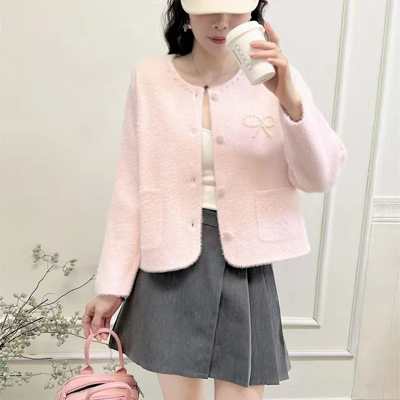 

Women's Clothing Faux Mink Fur Sweaters Autumn/Winter Long Sleeve Pearl Bow Knit Cardigan Lady Turn-down Collar Top Elegant Coat
