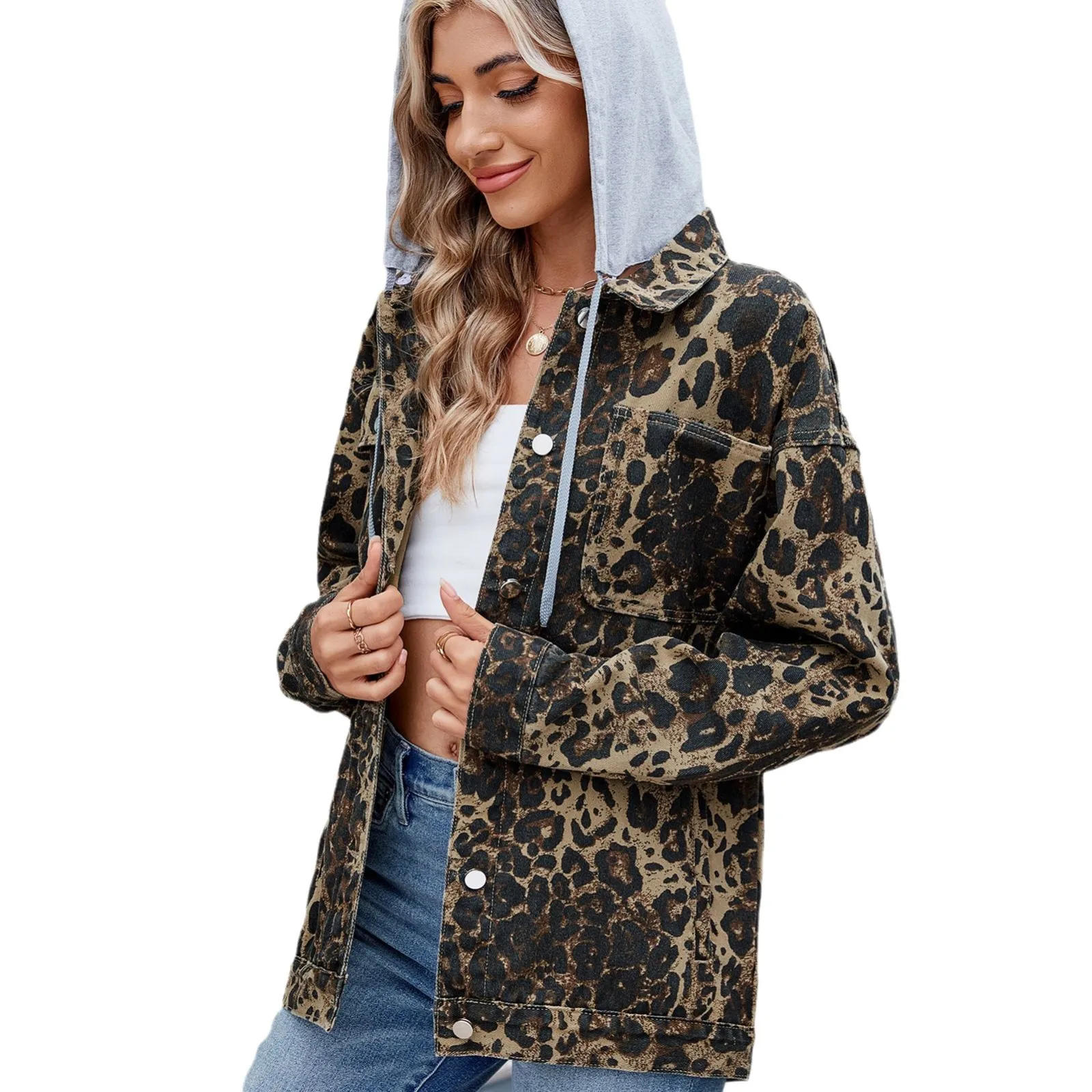 Chaqueta vaquera para mujer, abrigo con estampado de leopardo, bolsillos, capucha extraíble, ropa de calle de un solo pecho, abrigo Vintage, prendas de vestir exteriores para mujer 2025