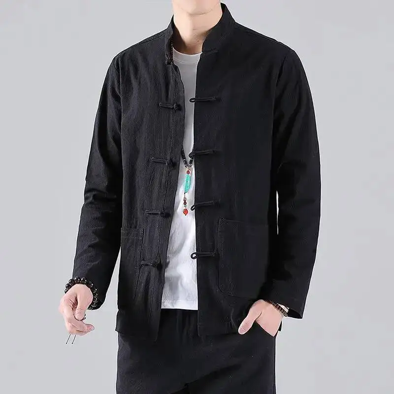 حجم كبير 5XL كيمونو سترة الرجال الملابس الصينية التقليدية الكتان Hanfu أعلى طويلة الأكمام تانغ دعوى الكونغ فو قميص سترة معطف #2