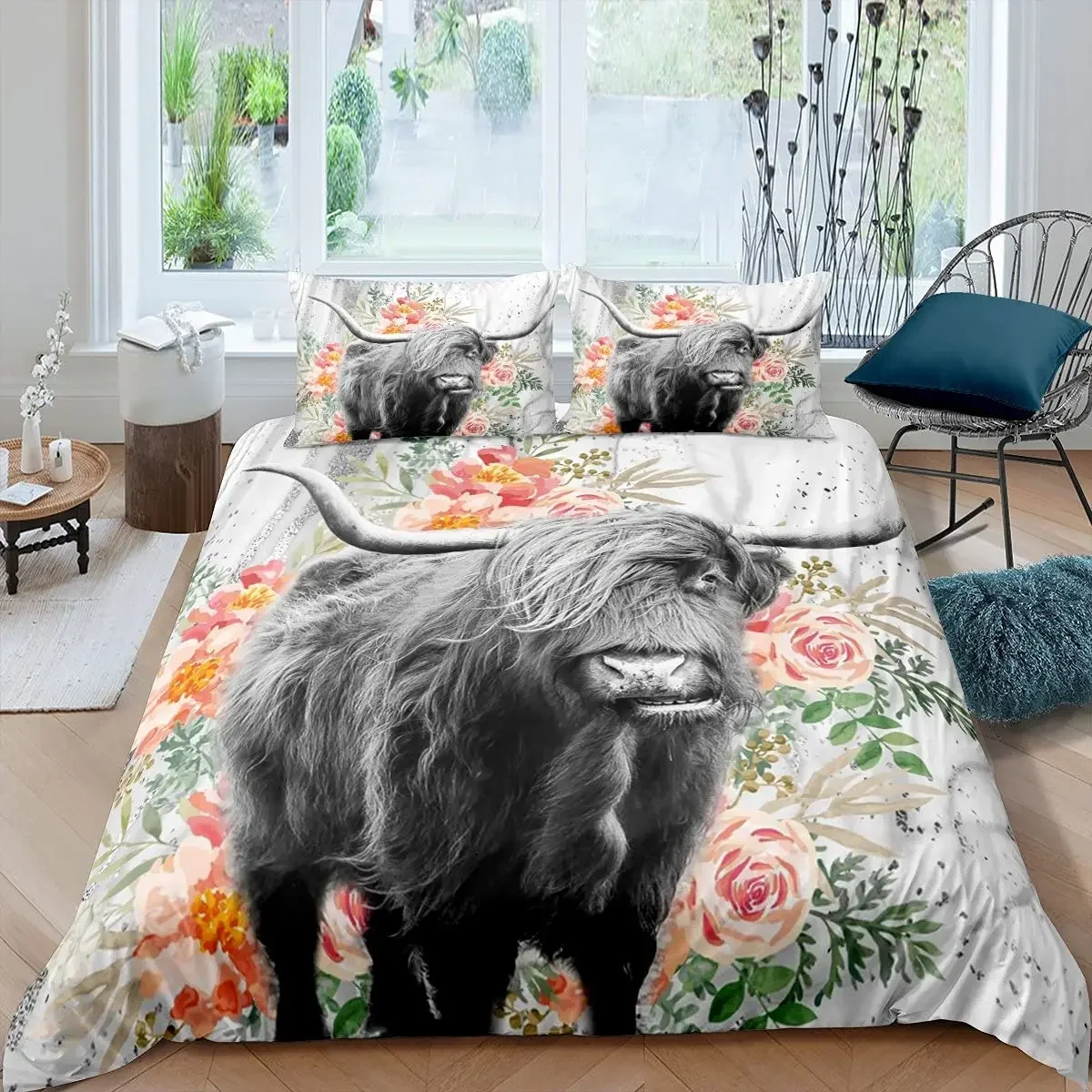 Highland Cow Polyester Duvet Cover Set King Queen Full Size Animals Pattern Comforter Cover with Pillowcase for Teens Adults