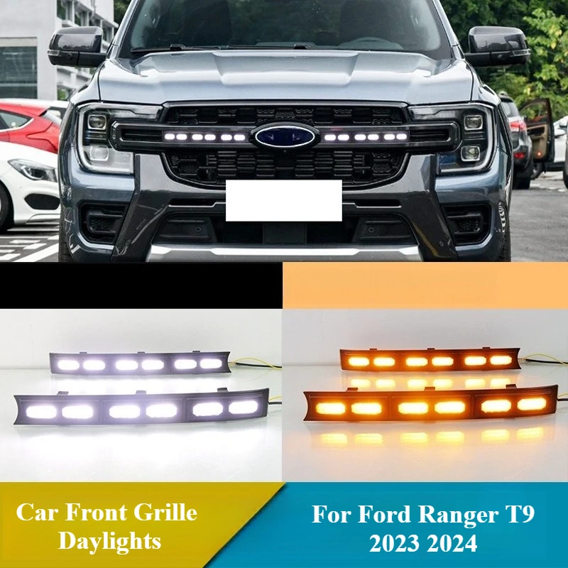 

For Ford Ranger T9 2023 2024 2Pcs Car Front Grille Daylights LED Daytime Running Lights DRL Fog Lamp with Dynamic Turn Signal
