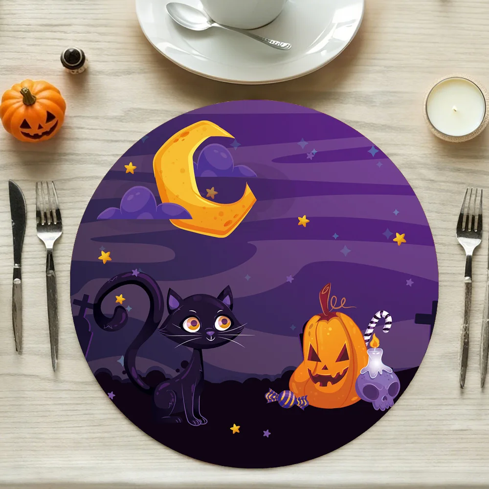 VIKAMA Halloween Black Cat Moon Round Placemat Pumpkin Table Mat Waterproof Heat Resistant Plate Pad Party Dining Decor