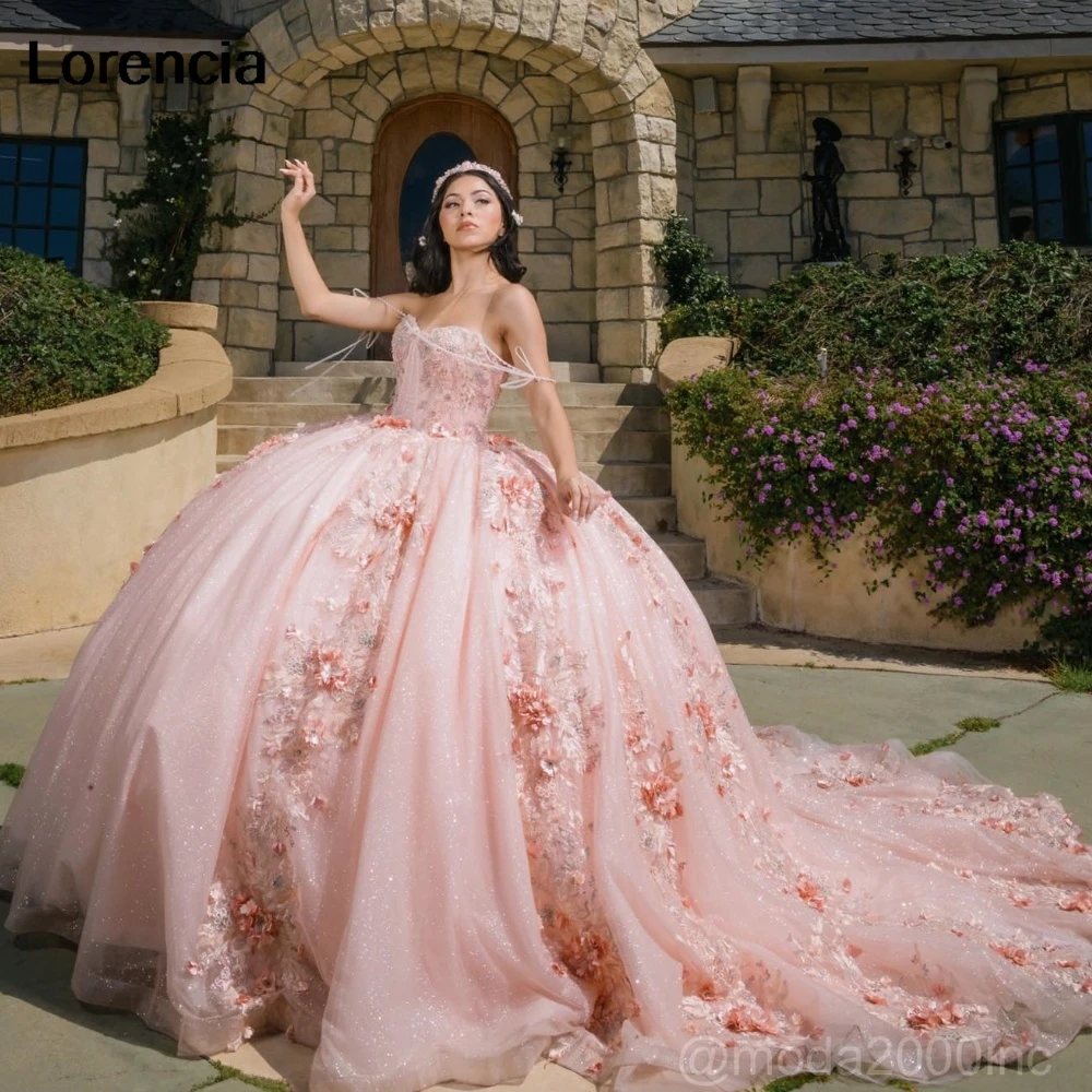 

Lorencia Glitter Pink Quinceanera Dress Ball Gown Shiny 3D Flowers Applique Beading Corset Sweet 16 Vestidos De 15 Años YQD961