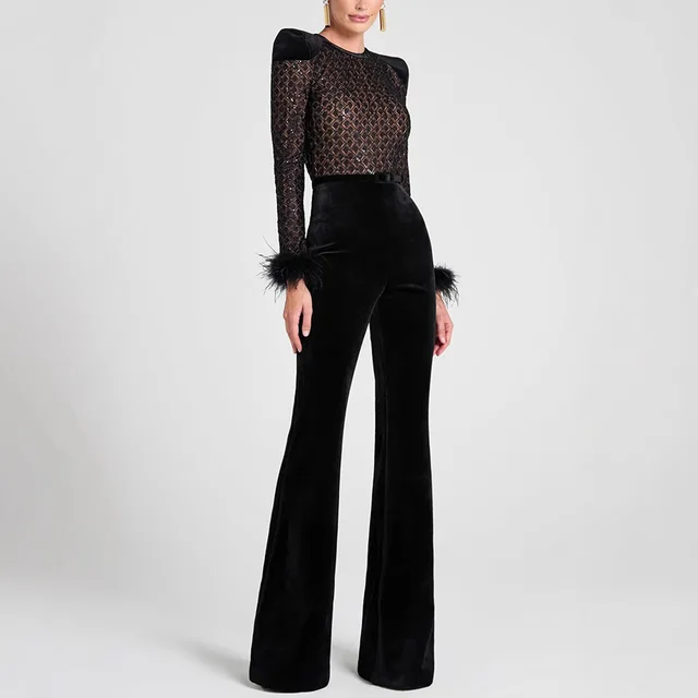 New Women's Fashion Long Sleeve Round Neck Gold Velvet Patchwork Sexy Jumpsuit Ladies Solid Color Slim Fit Jumpsuit For Women