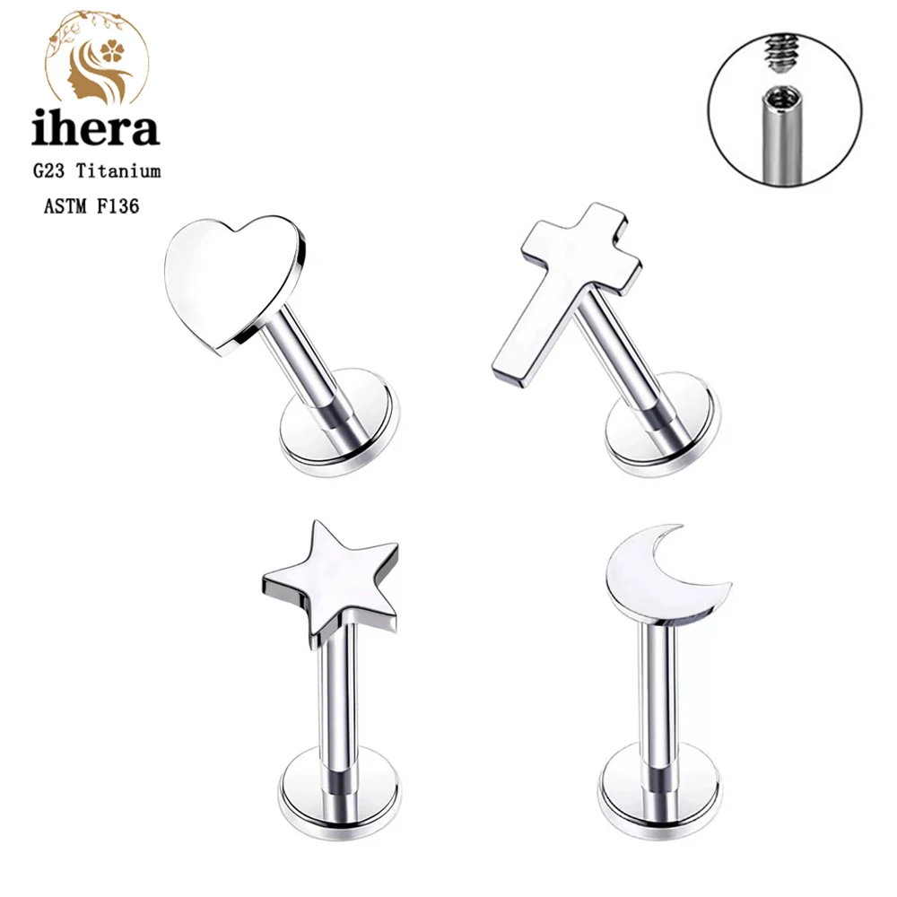 G23 Titanium Silver Color Heart Studs Earrings ASTM F136 Nose Studs Flat Star Top Lip Ring Ear Tragus Cartilage Piercing Jewelry