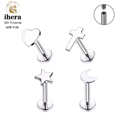 G23 Titanium Silver Color Heart Studs Earrings ASTM F136 Nose Studs Flat Star Top Lip Ring Ear Tragus Cartilage Piercing Jewelry