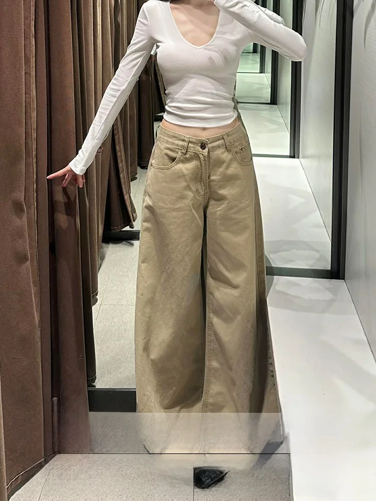 

Американские джинсы с высокой талией и прямым кроем, женские осенне-зимние широкие брюки цвета хаки, зауженные джинсы