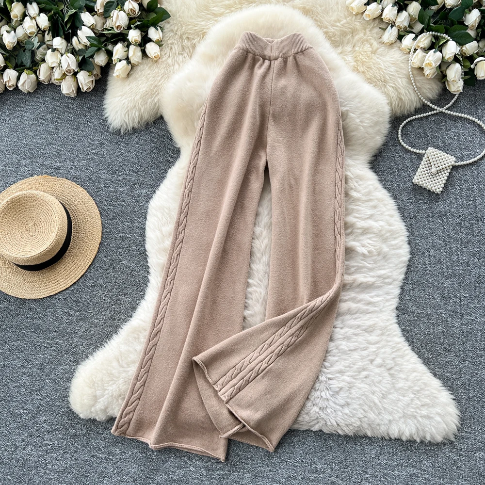 กางเกงถักเอวสูงทรงขาบาน สไตล์เกาหลี แฟชั่นวินเทจสุดหรู เสื้อผ้าสตรีทแวร์ สำหรับฤดูใบไม้ร่วงและฤดูหนาว