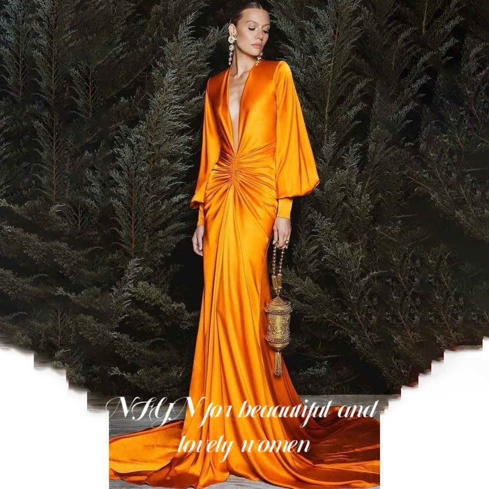 NFYN Orange Elegant Prom Dresses Deep V-Neck Long Sleeves Prom Gown Pleating Trailing Evening Dresses robe de bal Customized