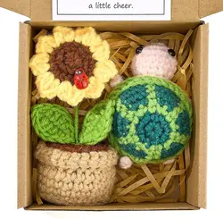 2PCS Positive Emotional Support Turtle Sunflower Pot Home Room Decoration Funny Crochet Pineapple Dolls With Card Christmas Gift