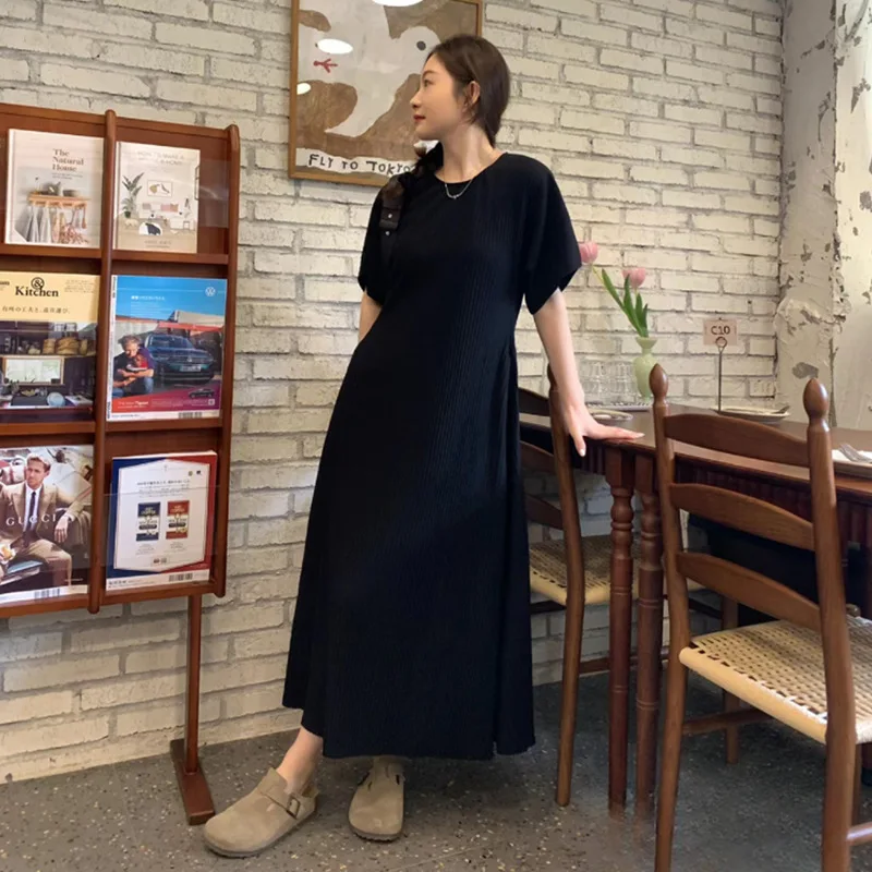 2024 Summer Casual Fit Women's A-line Pleated Short Sleeve Pleated Texture Wrap Shoulder Waist Straight Tube Loose Fitting Dress