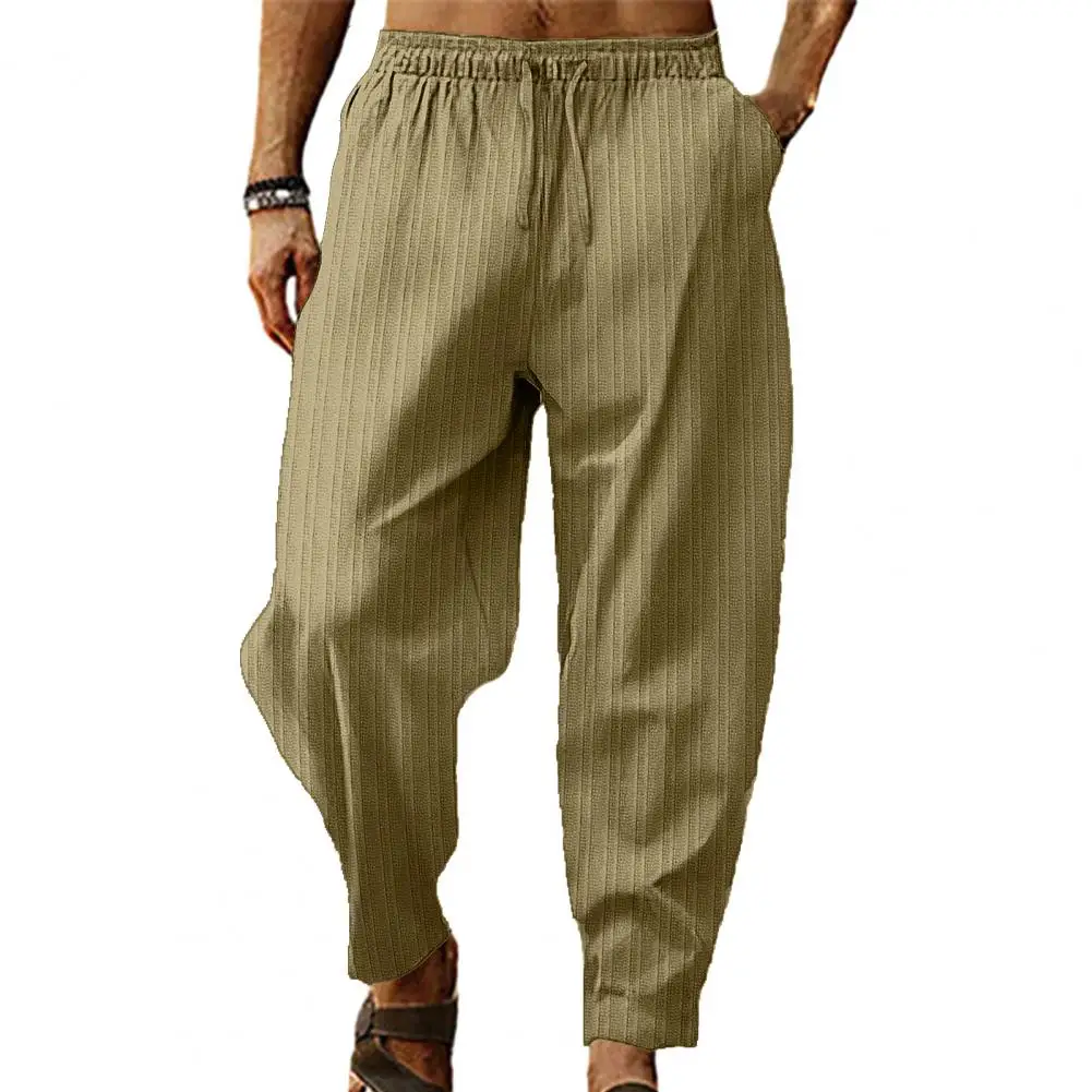 

Men Pants Drawstring Elastic Waist Wide Leg Striped Deep Crotch Solid Color Loose Soft Breathable Sports Sweatpants