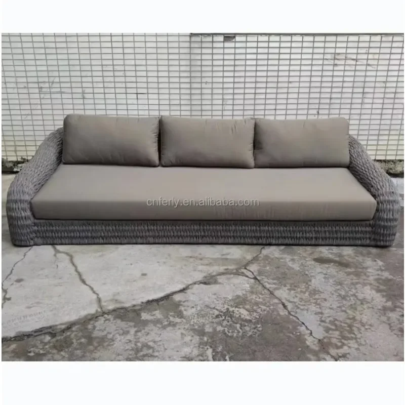 Modern all weather outdoor furniture sofa set garden cane  low-slung seat sloping arms wooden feet wicker  