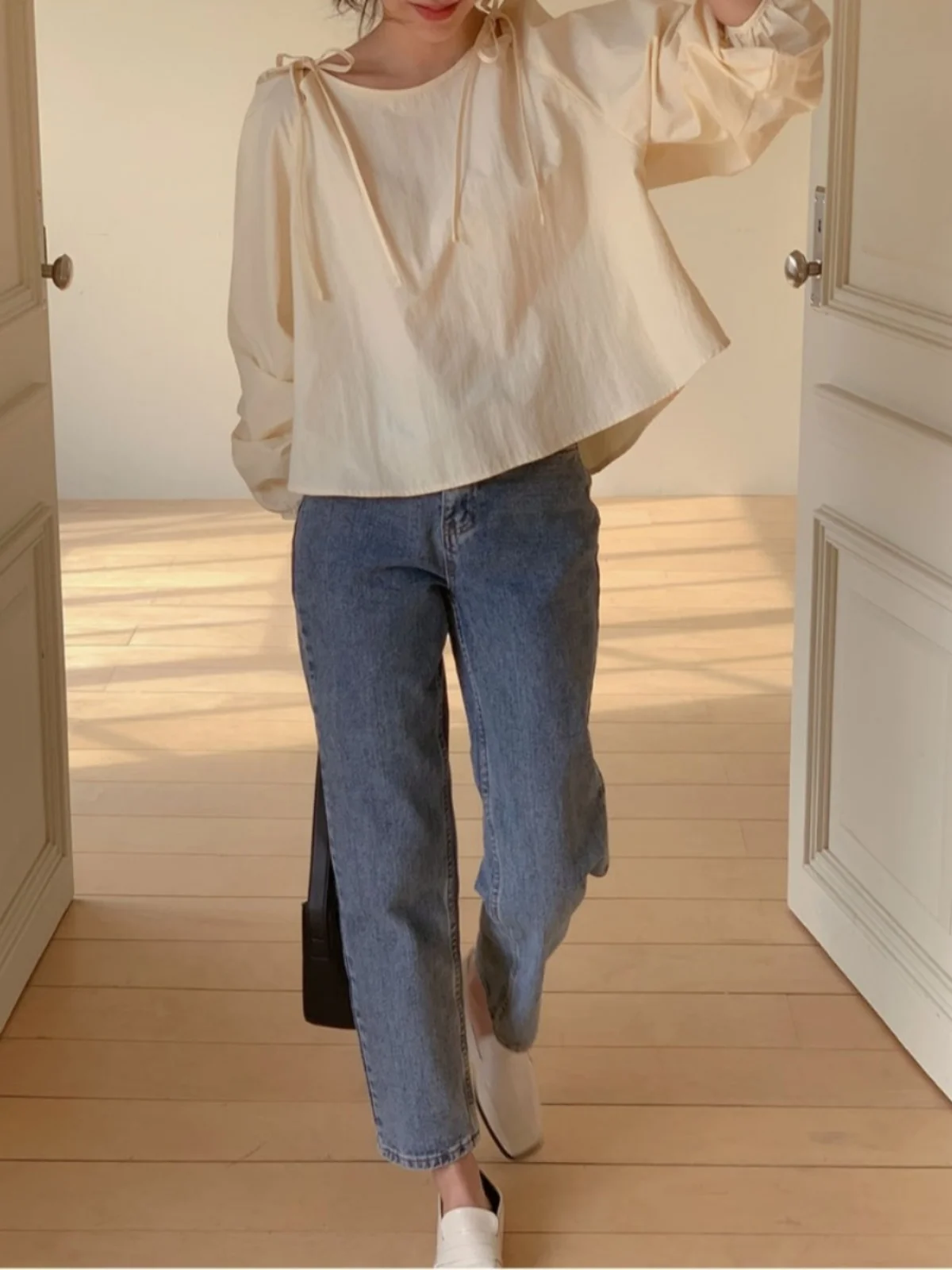 

Chic Spring Knot Loose oulder Sve Sun Protection Wide Ne irt Women's Top Casual Long Sve round Ne Lan...