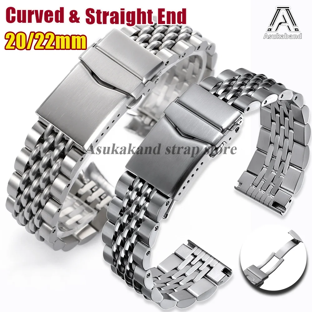 Screw Link Solid Stainless Steel Straps 20mm 22mm for Seiko Watch Band for Rolex Straight/Curved End Men Folding Buckle Bracelet