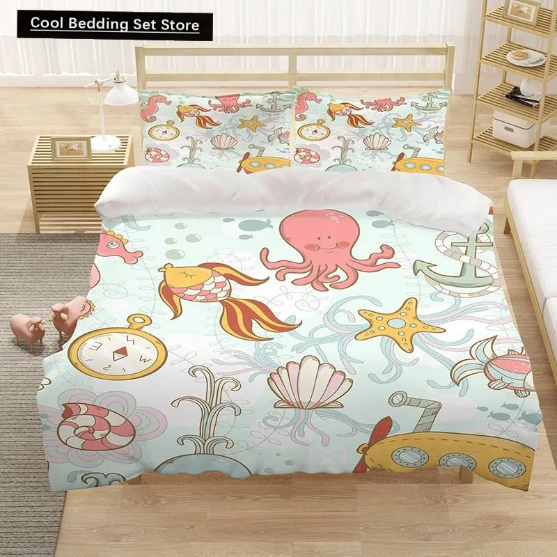 Cartoon King Queen Duvet Cover Cute Animals Bedding Set Kids Boys Girls Octopus Starfish Blue Soft 2/3pcs Polyester Quilt Cover