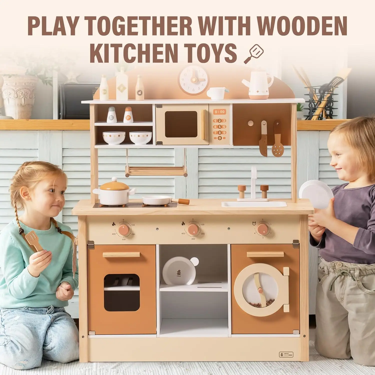 Rubud Wooden Play Kitchen with Realistic Accessories Toy Kitchen Set with Play Features Modern Style Toy Kitchen for Girls Boys