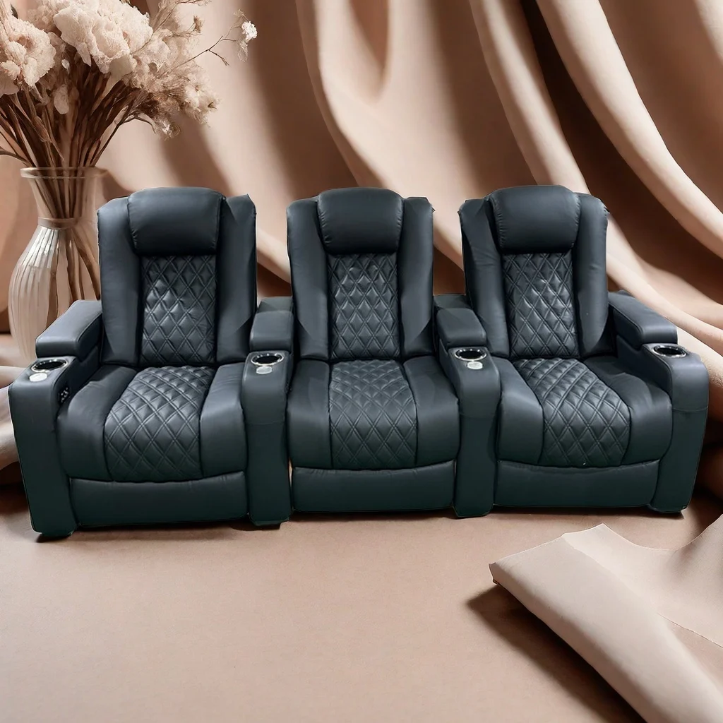 Popular sale black Napa leather  home cinema movie chair double diamond stitch power recliner automatic headrest theater seats