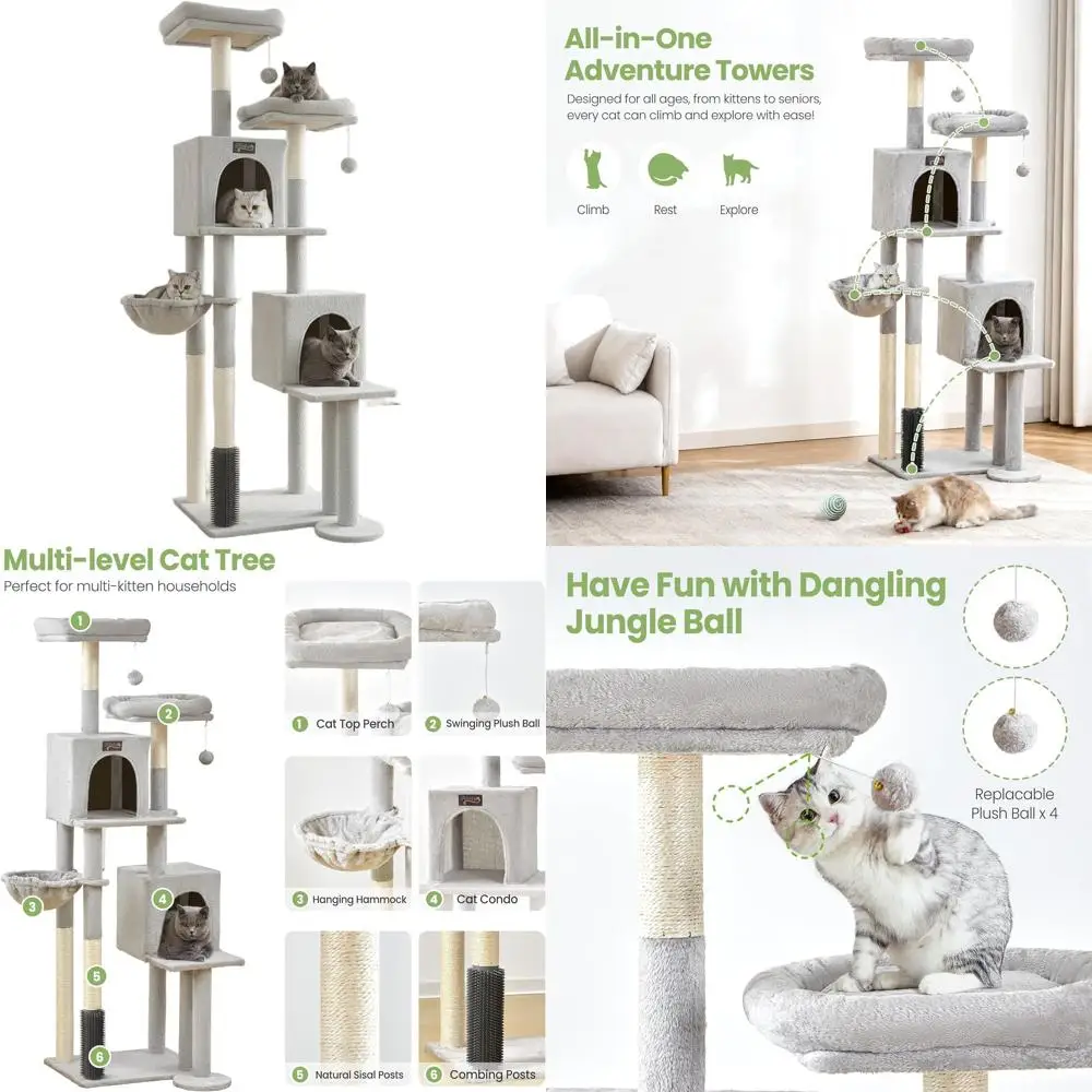 

Очень высокое кошачье дерево для дома 65, многоуровневые платформы, когтеточка, гамак и окунь для больших кошек