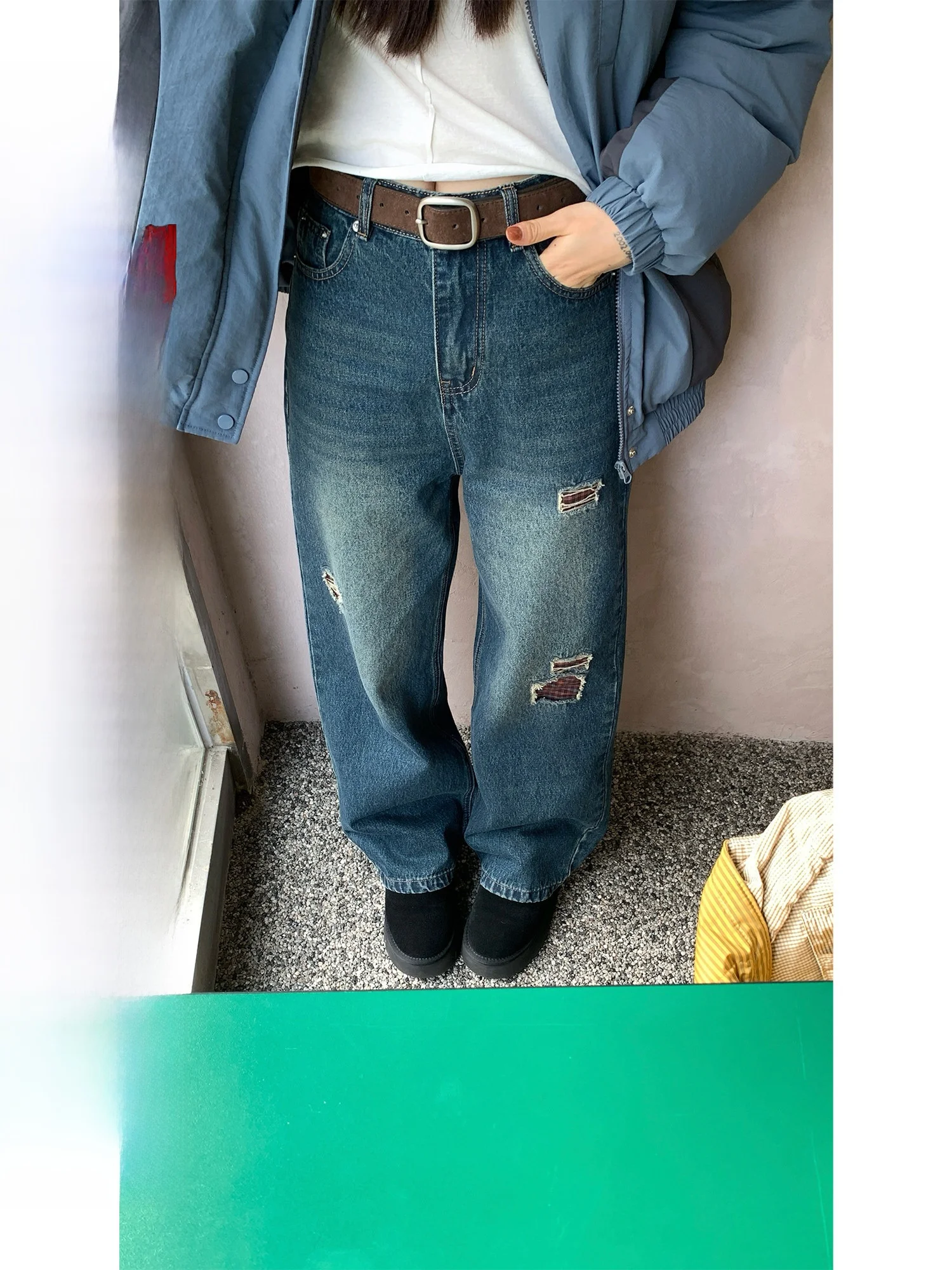 

Джинсы с высокой талией, рваные, в клетку, корейский стиль, женские, осенне-зимние, свободные, прямые, универсальные, повседневные