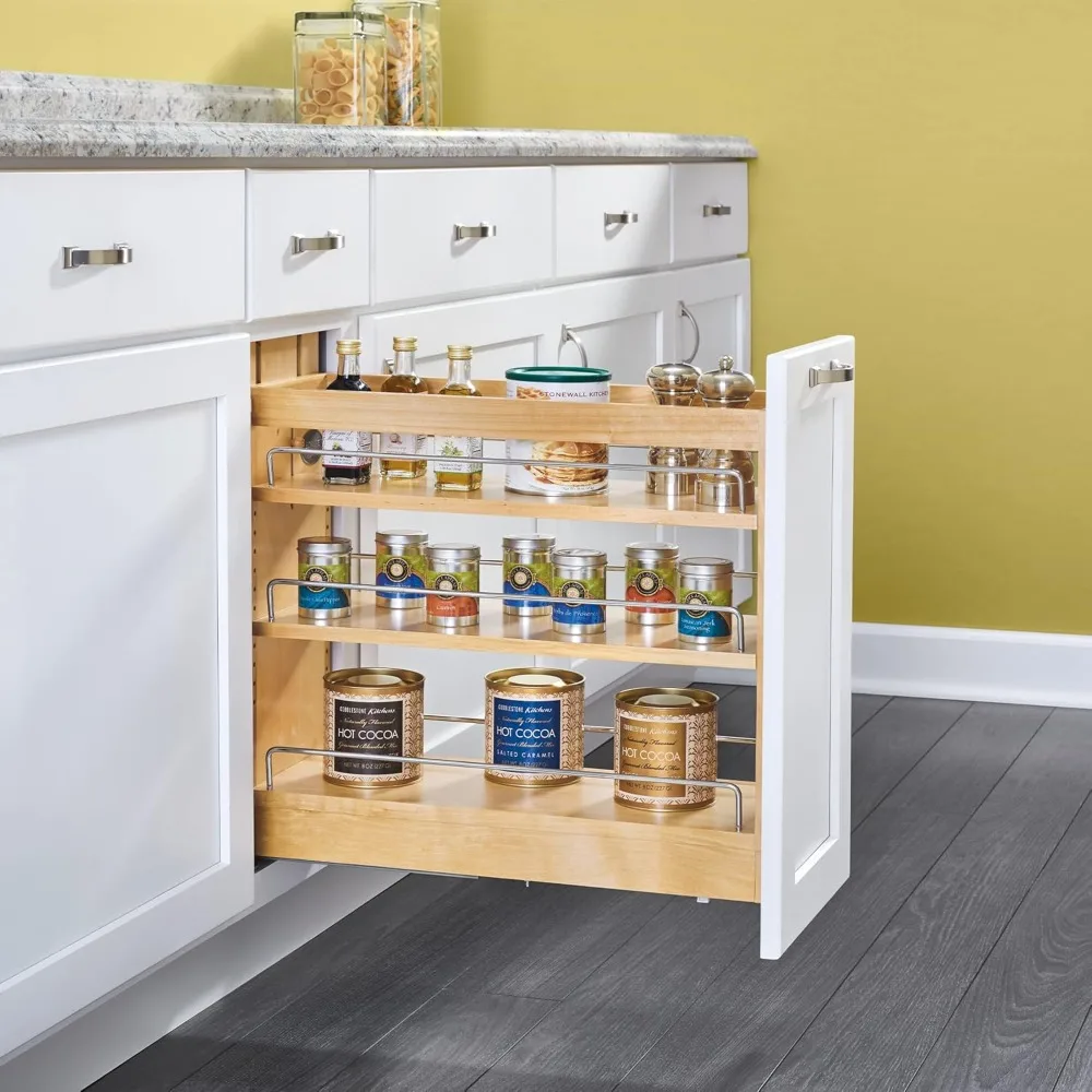 Rev-A-Shelf 8" Pullout Storage Organizer for Base Kitchen/Bathroom Cabinets, Spice Rack Pantry Shelves with Soft-Close Slides, W