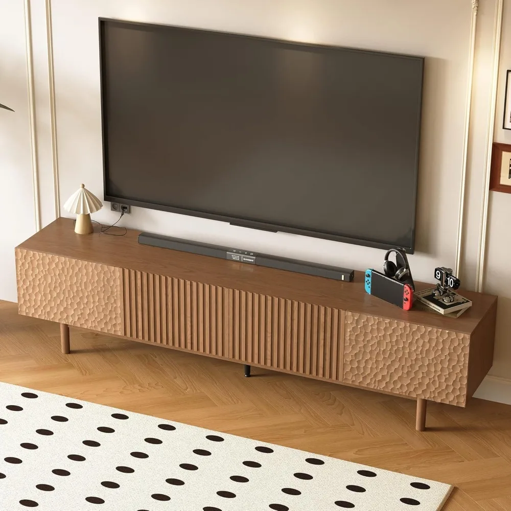 حامل تلفزيون حديث من منتصف القرن مقاس 86.61 بوصة، مركز ترفيه من خشب الجوز لأجهزة التلفاز حتى 85 بوصة، وحدة تحكم للوسائط مع خزائن تخزين