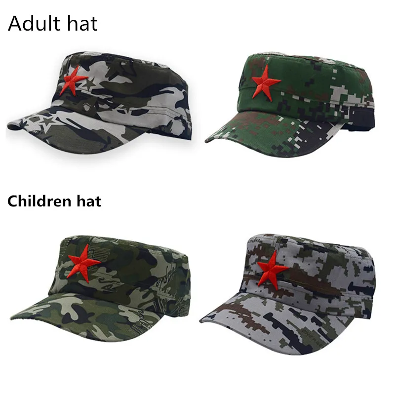 Children Adult Camouflage Military Hats Red Five-pointed Star Embroidery Army Flat Top Hat Cosplay Soldier Cap