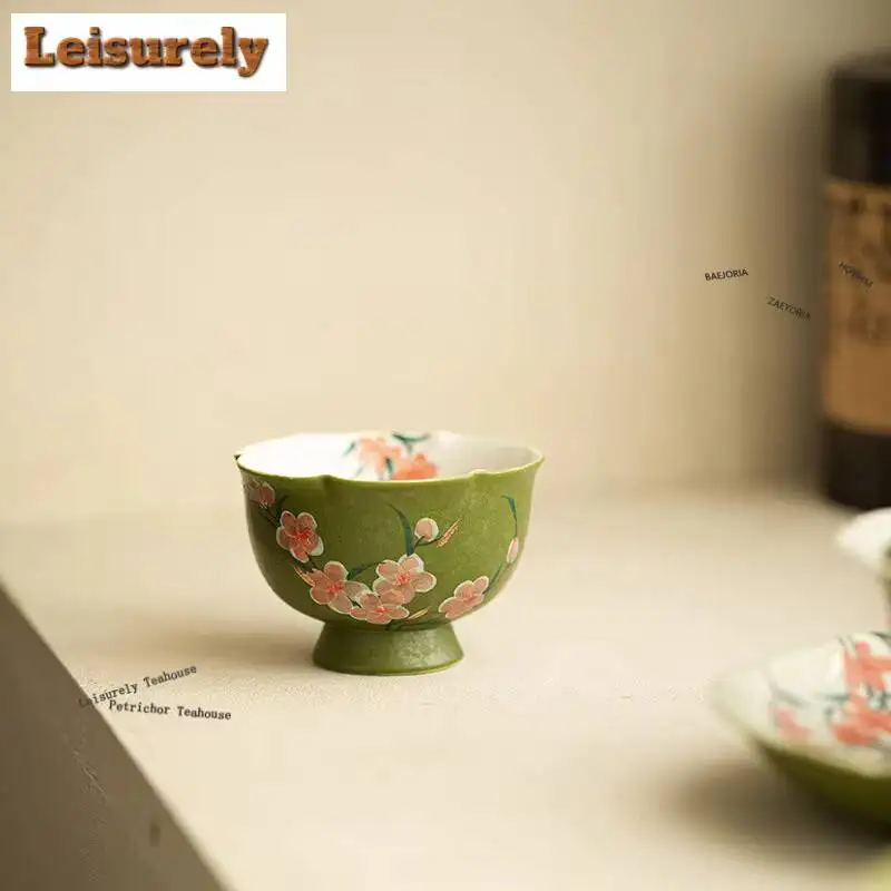 90ml Hand Painted White Red Peach Blossom Teacup Ancient Tea Bowl Single Cups Tea-tasting Meditation Cup Chazhan Master Cups