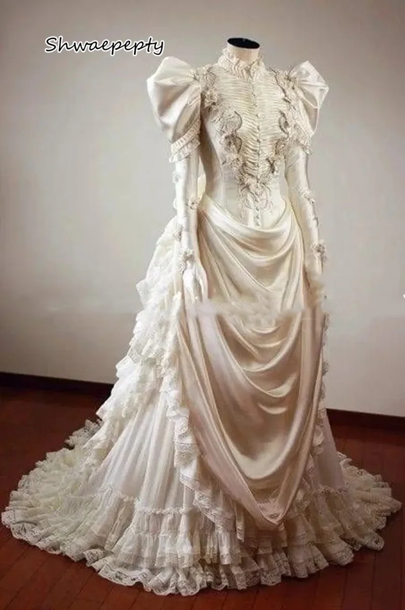 푹신한 짧은 소매와 빈티지 빅토리아 웨딩 드레스 높은 목 우아한 역사적인 중세 신부 가운 사용자 정의