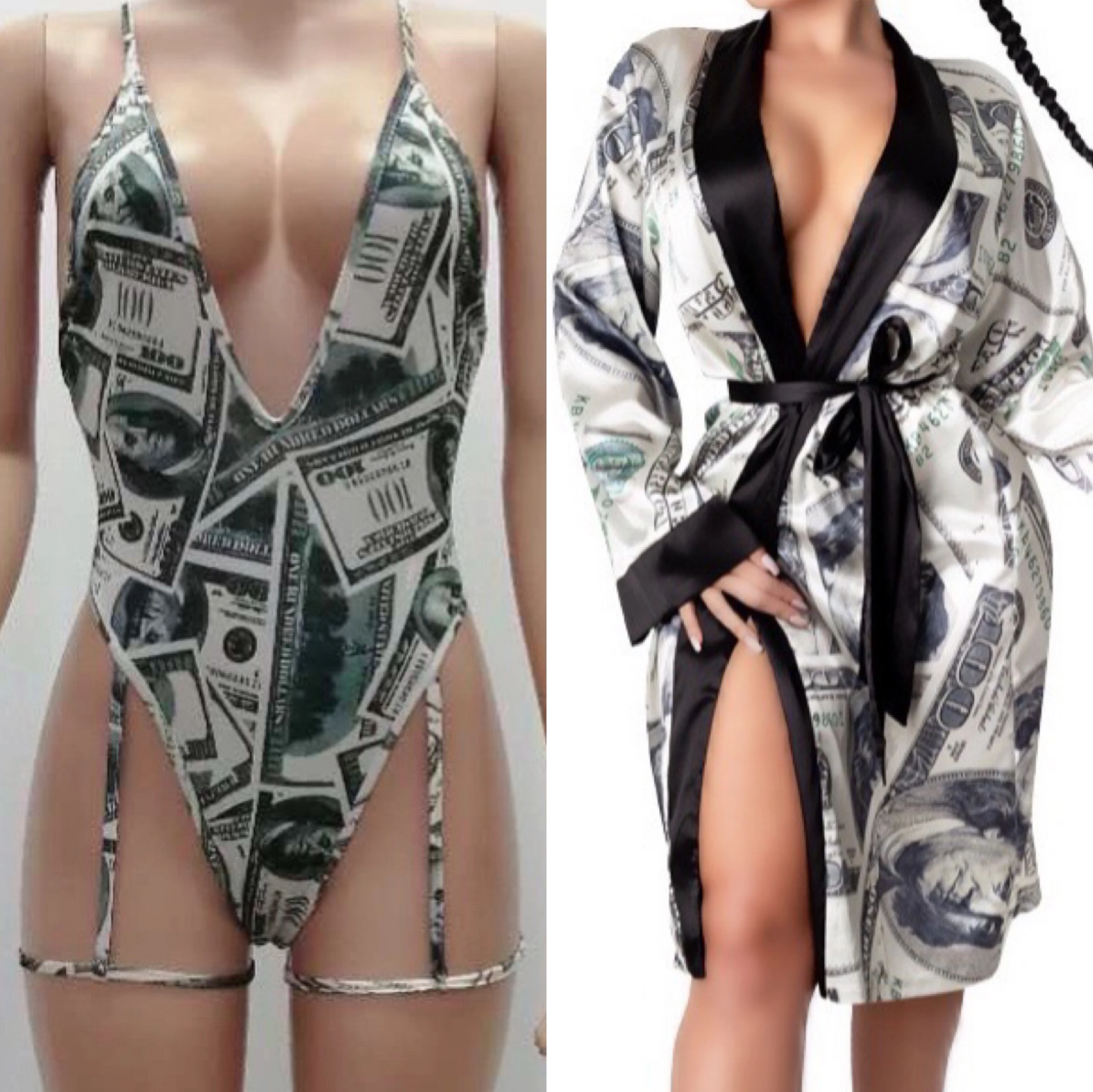 Dance performance clothes printed in USA dollars Robe Bathrobe Silk Robes Sexy Nightwear Robes Satin Robe Ladies Dressing Gowns