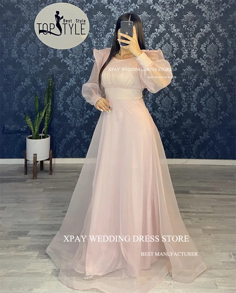 XPAY Modest Fuschia Organza Evening Dresses Dubai Arabic Women Jewel Neck Long Sleeves Formal Prom Gowns Occasion Mother Bride