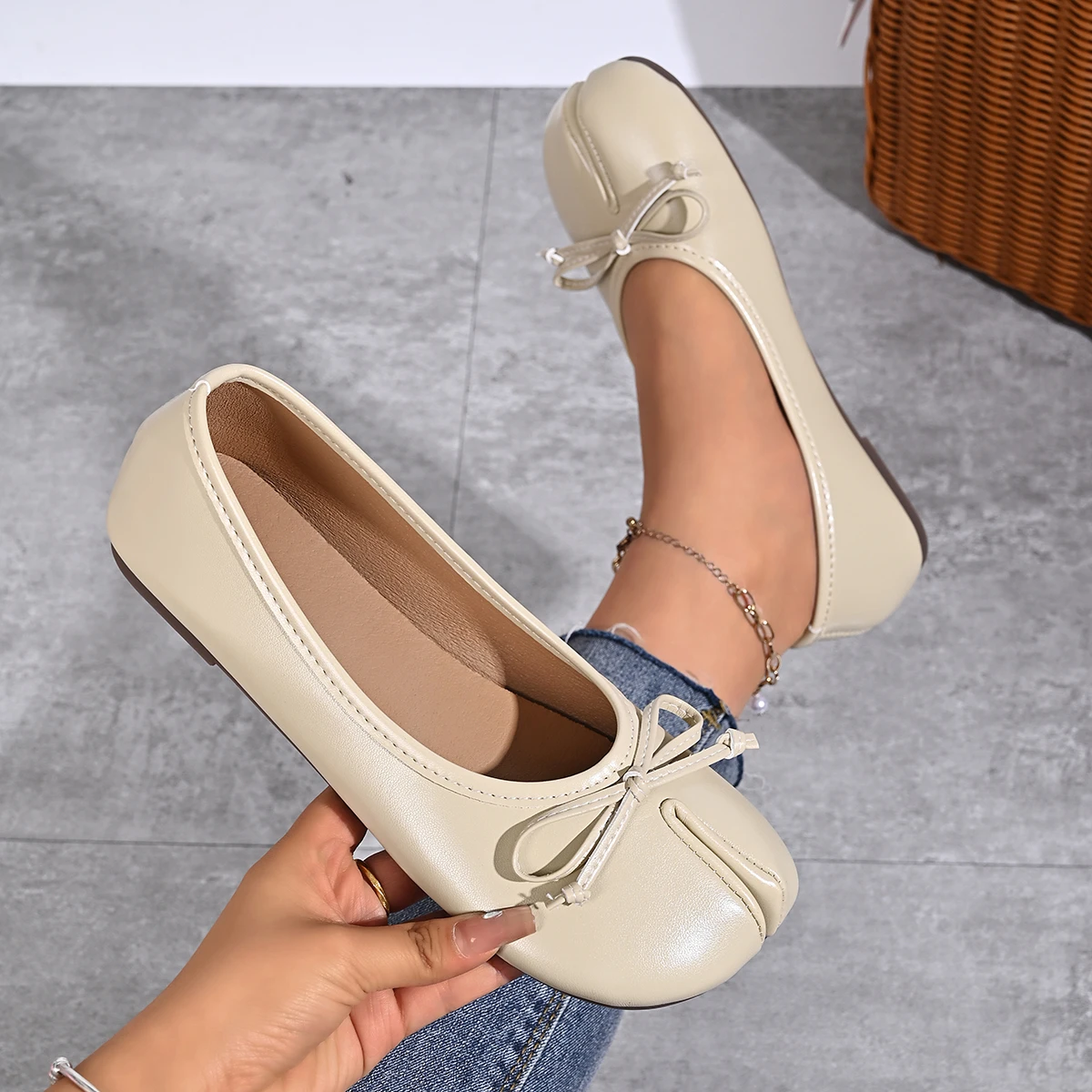 Weiche Ballerinas mit geteilter Zehenpartie für Damen, mit Schleife, aus Leder, runde Zehenpartie, Ballerinaschuhe mit niedrigem Absatz, Slip-on-Loafer, lässig, 2026 – Detail 25