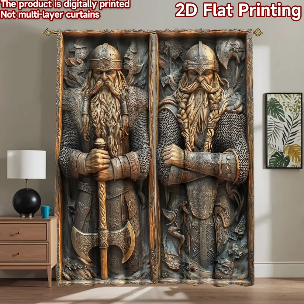 2D flat 2pcs Curtain Modern Minimalist Style Norse Dwarf Warriors Digitally printed polyester, colorfast Family Party Decoration