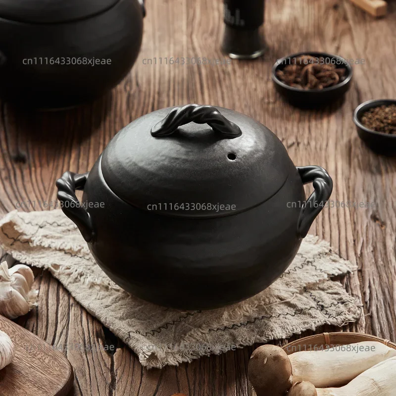 Black Pot Household Ceramic Spherical Rice Pot High Temperature Resistant Casserole Ceramic Soup Pot Rice
