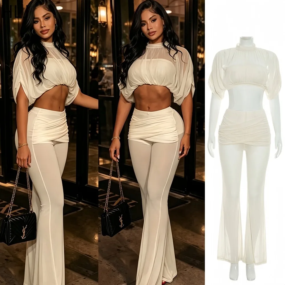 

HLJ Women Sexy 2 Piece Matching Solid Sheer Mesh Batwing Sleeve Patchwork Crop Top + Flare Pants Sets Elegant Night Club Outfits