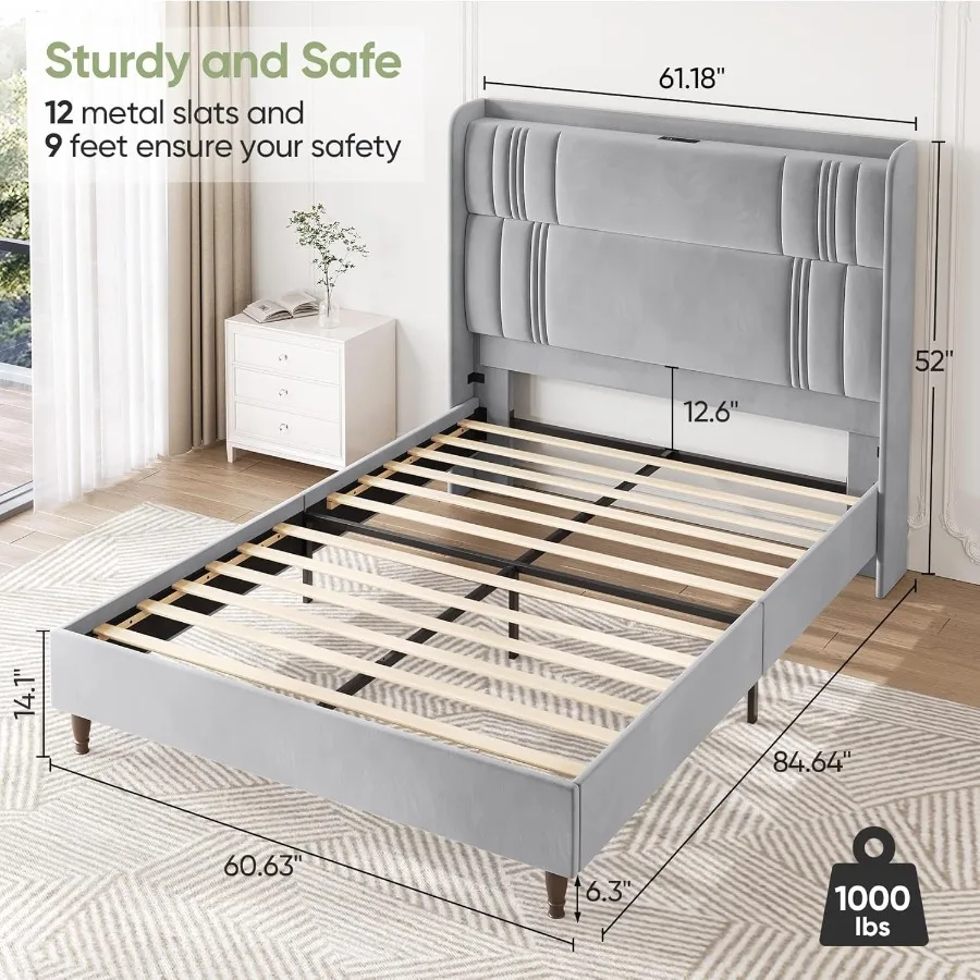 إطار سرير كوين مع لوح رأسي طويل 52 إطار سرير بمنصة منجدة مع محطة شحن إطارات سرير مخملية فاخرة منحنية #2