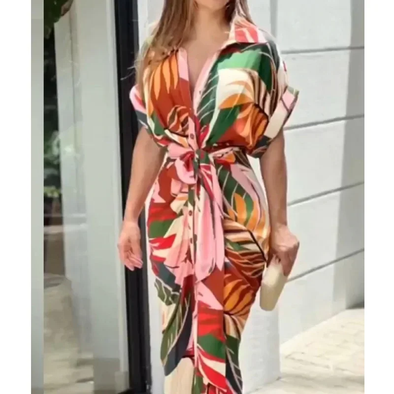 2024 Women Lapel Tie Leaf Print Midi Dress Short Sleeve Tie Long Skirt Sexy Party Dresses Elegant High Streetwear Office Lady