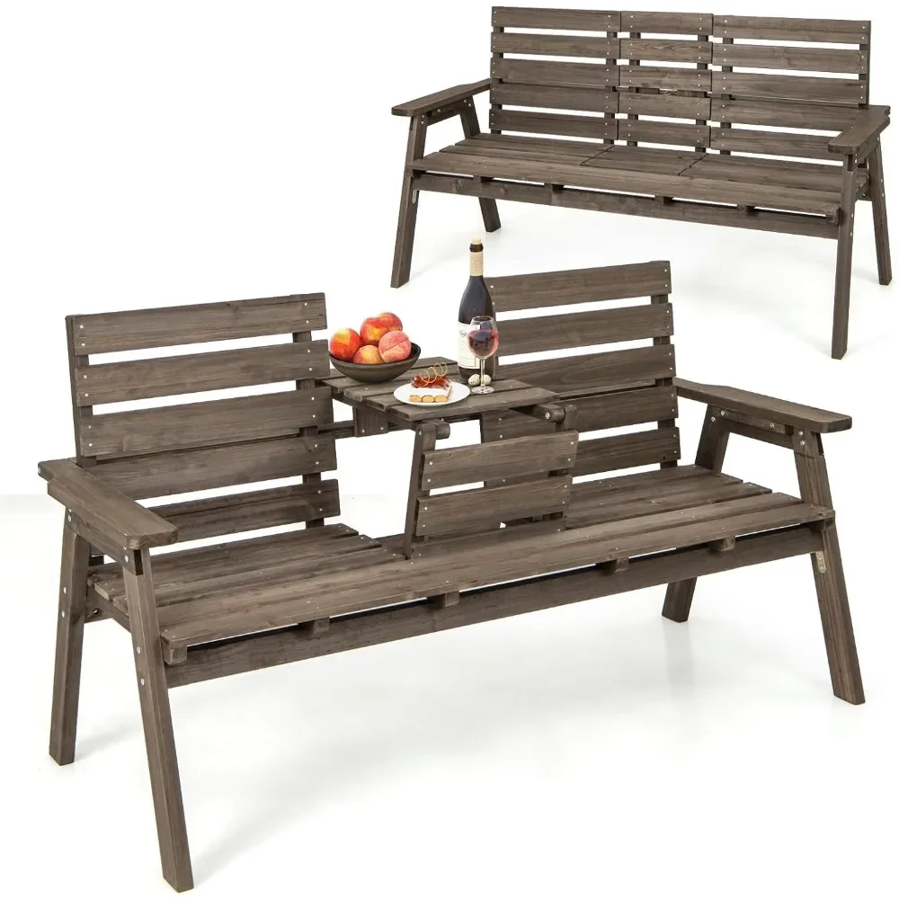 Outdoor Fir Wood Bench with Foldable Middle Table, Garden Bench with Backrest and Armrests, Slatted Seat Bench for Porch